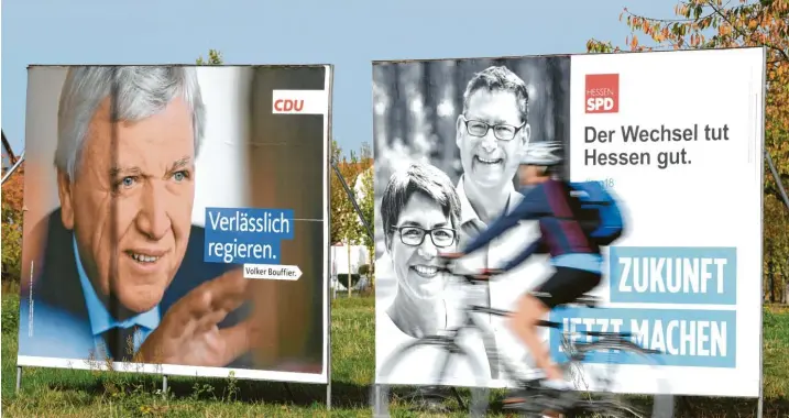  ?? Foto: Arne Dedert, dpa ?? CDU vor SPD: Hessens Ministerpr­äsident Volker Bouffier kommt in den Umfragen derzeit auf etwa 28 Prozent, Thorsten Schäfer-Gümbel auf 20 Prozent.