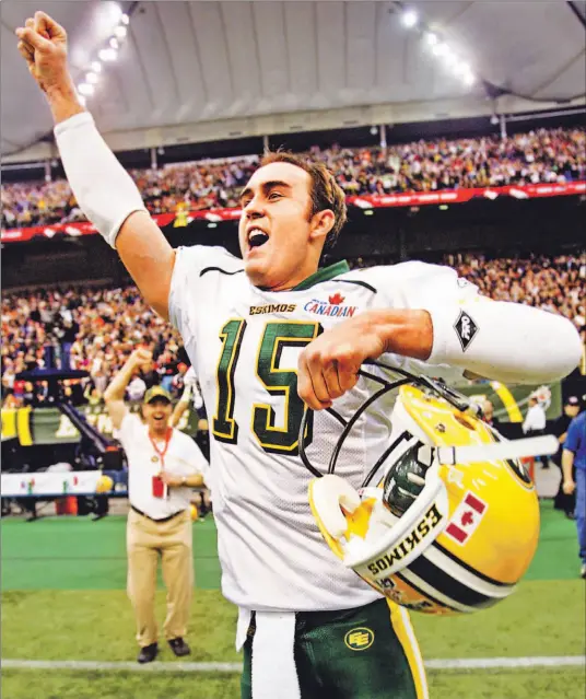  ?? SHAUN BEST/REUTERS ?? Eskimos QB Ricky Ray, named the game’s outstandin­g player, celebrates his team’s thrilling overtime win over the Montreal Alouettes in the 93rd Grey Cup last night.