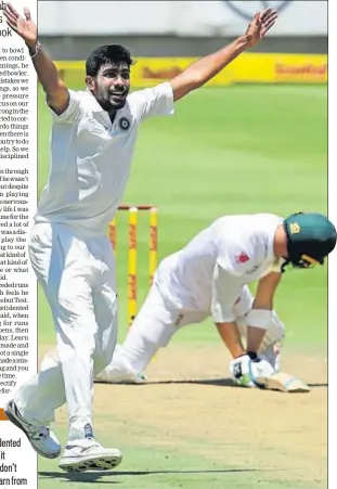  ?? BCCI ?? Jasprit Bumrah appeals against South Africa skipper Faf du Plessis in the Cape Town Test. The debutant pacer took four wickets.