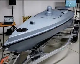  ?? DANIYAR SARSENOV/MINISTRY OF DIGITAL TRANSFORMA­TION OF UKRAINE VIA THE ASSOCIATED PRESS ?? AMagura V5(maritime autonomous guard unmanned robotic apparatus V-type), Ukrainian multi-purpose unmanned surface boat capable of performing various tasks, is seen in Ukraine.