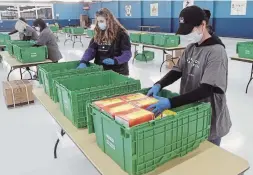  ?? DAVID BEBEE WATERLOO REGION RECORD ?? Volunteers Maddie MacMillan, left, and Melisa Sandrock sort donated PPE from an ongoing community drive for long- term-care workers at the curling club at Westmount Golf & Country Club.