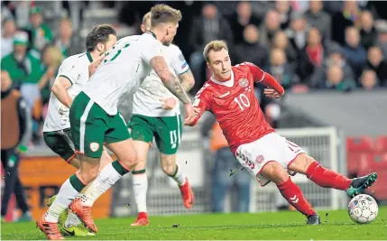  ?? AFP ?? Denmark’s Christian Eriksen, right, in action against Ireland in Copenhagen on Saturday.