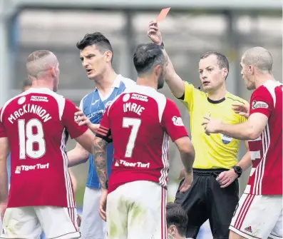  ??  ?? Off day Darian Mackinnon is shown a straight red card by referee Willie Collum