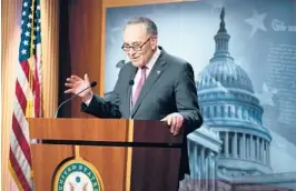  ?? ANNA MONEYMAKER/THE NEW YORK TIMES ?? Senate Majority Leader Chuck Schumer, seen Tuesday, said Senate debate on President Biden’s $1.9 trillion coronaviru­s relief bill would start as soon as Wednesday. Democrats want to send a final package to the president by March 14.