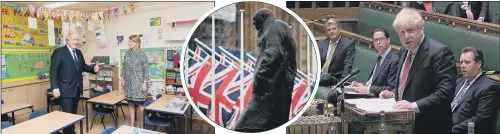  ?? PICTURES: JAMES HARDISTY/ PA/ GETTY/ AFP ?? TAXES, SCHOOLS, EUROPE: Clockwise, from top: Rishi Sunak; Boris Johnson; his hero Winston Churchill; in a London school.