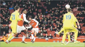  ??  ?? File photo shows Arsenal’s Mohamed Elneny scores their sixth goal during the Europa League match between Arsenal vs Bate Borisov at Emirates Stadium in London. — Reuters photo