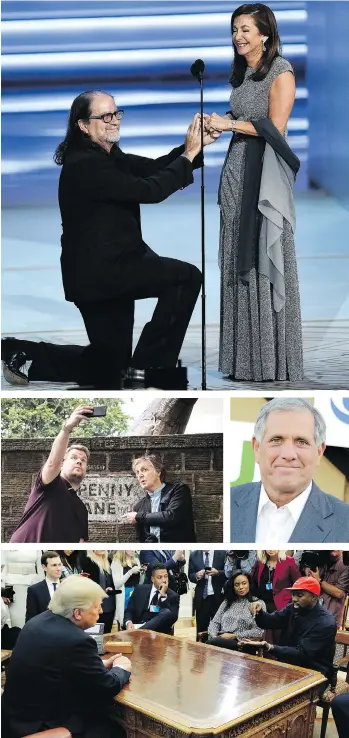  ??  ?? Clockwise from top left: Oscar-winner Frances McDormand has “some things to say” at the ceremony; Roseanne Barr (with John Goodman) is fired from her successful reboot over racist tweets; Glenn Weiss waits for girlfriend Jan Svendsen’s answer to his marriage proposal at the Emmys; CBS boots Les Moonves; musician Kanye West has U.S. President Donald Trump’s ear; and host James Corden takes a selfie with Paul McCartney.