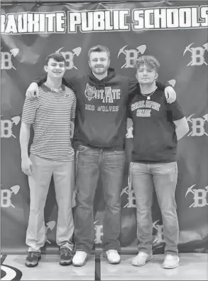  ?? Special to The Saline Courier ?? From left, Bauxite Miners seniors Conner Stacy, Reed Gautreaux and Jackson Lindsey pose after signing to play at the next level Wednesday in Bauxite.