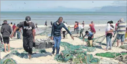  ?? Photo: Bongani Siziba ?? Community event: In Mitchells Plain, fishers and volunteers help offload a catch at False Bay. Thousands of people in coastal communitie­s rely on fishing for survival, but the coast is in crisis.