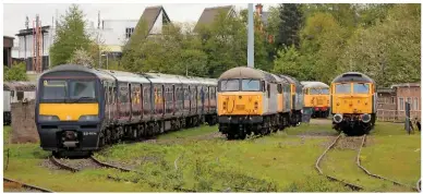  ?? RYAN TRANMER. ?? On May 3, former Govia Thameslink Railway 321403 stands stored at Leicester depot. To the right are UK Rail 56018, Rail Operations Group 47847, 47843, UKRL 56104 and ROG 47812. The ‘321/4’ is destined for ScotRail, but as a three-car electric multiple...