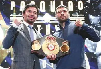  ?? Reuters ?? Philippine boxing icon Manny Pacquiao and welterweig­ht world champion Lucas Matthysse during a conference for their upcoming WBA ‘regular’ welterweig­ht title fight, in Kuala Lumpur, yesterday.