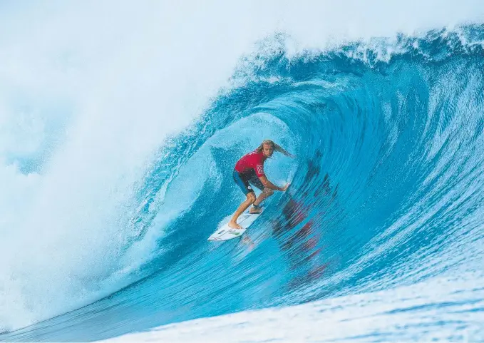  ??  ?? Owen Wright is through to the third round of the Fiji Pro at Cloudbreak after his impressive opening heat in heavy conditions. Picture: WSL