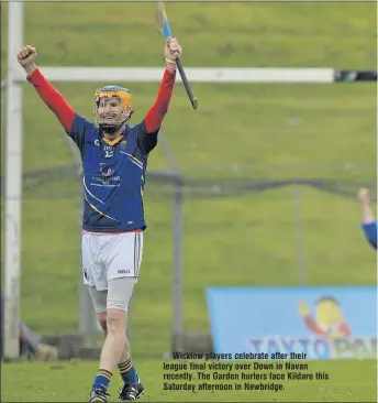  ??  ?? Wicklow players celebrate after their league final victory over Down in Navan recently. The Garden hurlers face Kildare this Saturday afternoon in Newbridge.