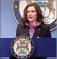  ?? DAVID EGGERT — ASSOCIATED PRESS FILE PHOTO ?? Michigan Gov. Gretchen Whitmer speaks at a news conference on Friday, March 11, 2022, at the governor’s office in Lansing. Whitmer on Thursday signed expansions to Michigan’s crime victim compensati­on fund.