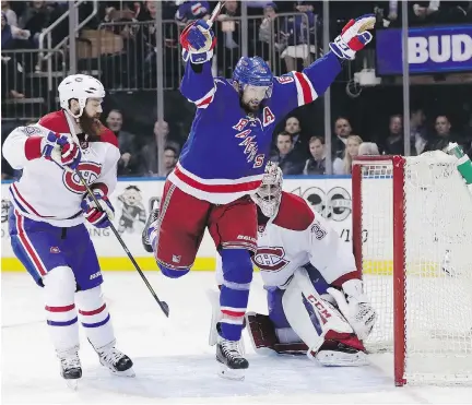  ?? FRANK FRANKLIN II/THE ASSOCIATED PRESS ?? Rangers winger Rick Nash celebrates what would prove to be the game-winning goal during the second period Tuesday night at Madison Square Garden in New York. The series, now tied at two games apiece, returns to the Bell Centre on Thursday for Game 5.