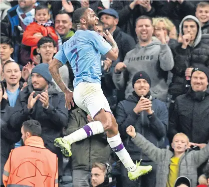  ??  ?? ABOVE
Manchester City’s Raheem Sterling reacts after completing his hat-trick against Atalanta in the Champions League.