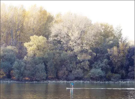  ??  ?? A man paddles on the Sava river on a sunny autumn day in Belgrade, Serbia, on Nov 9. Weather forecast predicts good weather conditions in Serbia for the
upcoming days. (AP)