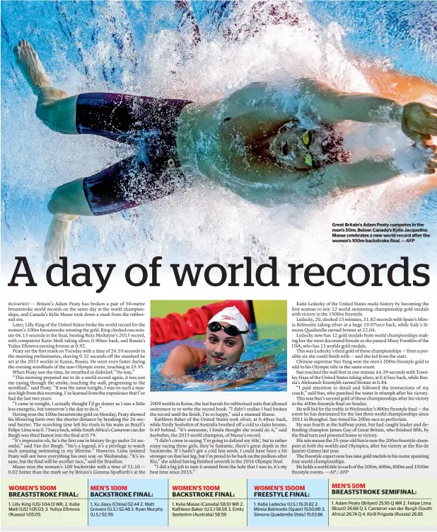  ?? — AFP ?? Great Britain’s Adam Peaty competes in the men’s 50m. Below: Canada’s Kylie Jacqueline Masse celebrates a new world record after the women’s 100m backstroke final.