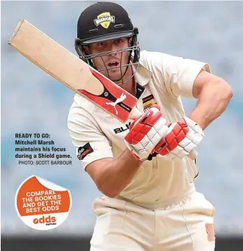  ?? PHOTO: SCOTT BARBOUR ?? READY TO GO: Mitchell Marsh maintains his focus during a Shield game.