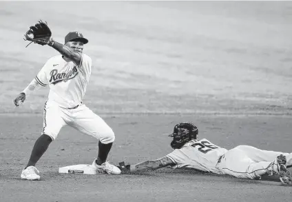  ?? Tony Gutierrez / Associated Press ?? The Astros’ Jose Siri steals second base as the Rangers’ Yonny Hernandez takes the throw in the fifth inning Tuesday in Arlington.