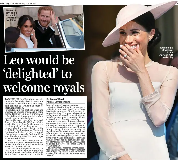  ??  ?? Waves of joy: going for a spin after the wedding Regal giggle: Meghan at Prince Charles’s 70th yesterday