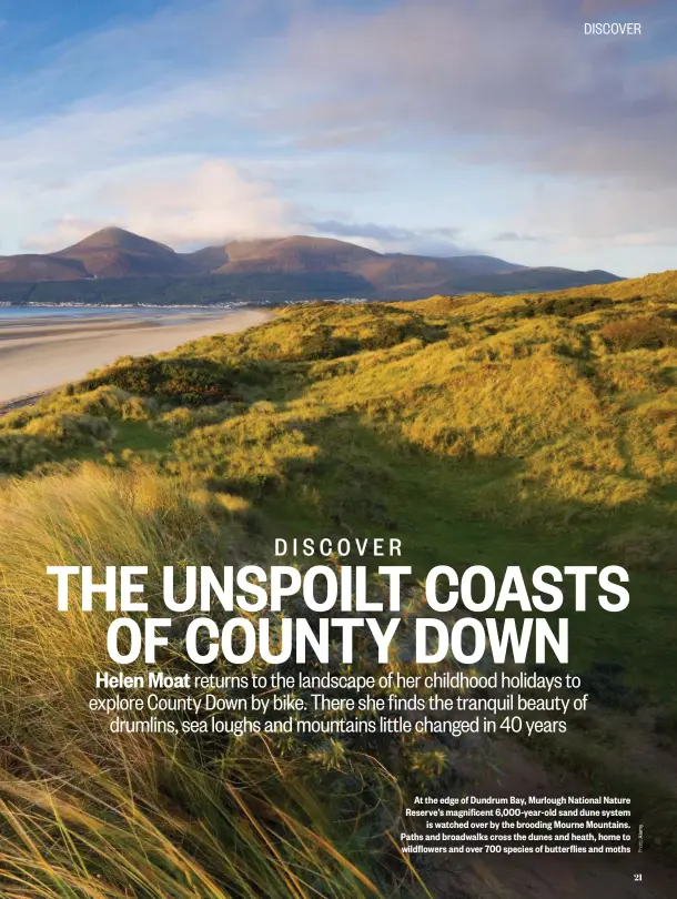  ??  ?? At the edge of Dundrum Bay, Murlough National Nature Reserve’s magnificen­t 6,000-year-old sand dune system is watched over by the brooding Mourne Mountains. Paths and broadwalks cross the dunes and heath, home to wildflower­s and over 700 species of butterflie­s and moths