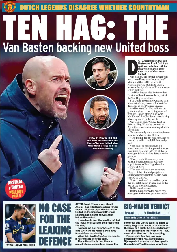  ?? ?? TRIAL BY MEDIA: Ten Hag will face pressure from the likes of former United stars Gary Neville (top) and Rio
Ferdinand (above)