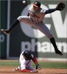  ?? STEVEN SENNE—AP PHOTO ?? Boston Red Sox’s Dustin Pedroia, bottom, steals second base as Houston Astros’ Carlos Correa, top, waits for the ball in the first inning of a baseball game at Fenway Park, Sunday, May 15, 2016, in Boston.