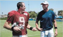  ?? JAE C. HONG THE ASSOCIATED PRESS ?? Saints quarterbac­k Drew Brees, left, and Chargers QB Philip Rivers share a light moment after a joint NFL practice in Costa Mesa, Calif.