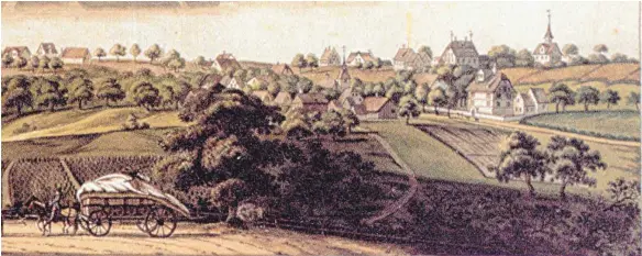  ?? FOTO: KARL SCHWEIZER ?? Blick vom Hoyerberg auf Schachen um 1800 auf einem Ausschnitt des Umrissstic­hes „Blick auf Stadt und Umgebung von Lindau“von J. Aschmann.