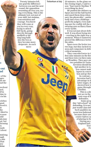  ??  ?? Leader: Giorgio Chiellini showed organisati­on and resilience to keep Tottenham at bay