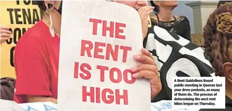  ?? ?? A Rent Guidelines Board public meeting in Queens last year drew protests, as many of them do. The process of determinin­g the next rent hikes began on Thursday.