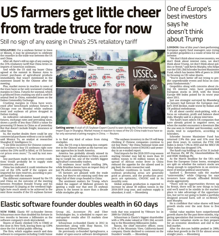  ??  ?? Getting worse: A stall of US Soybean Export Council is seen during the China Internatio­nal Import Expo in Shanghai. Market moves in reaction to news of the US-China trade truce have so far only worsened crushing margins in China. — Reuters