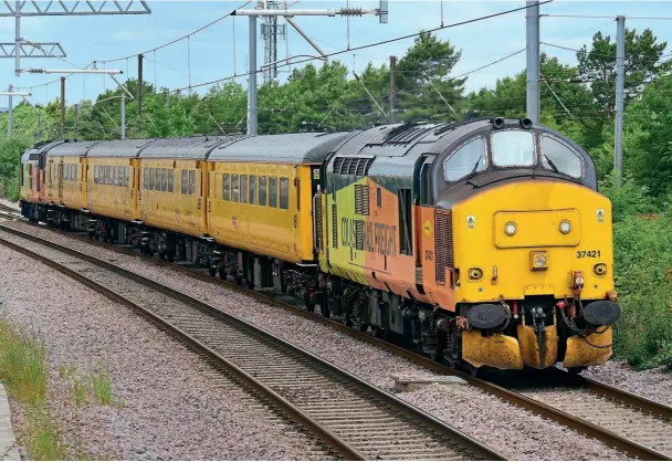  ?? ?? After successful­ly returning to revenue-earning service earlier in the month, No. 37421 is at the head of NR test train 1Q90 08.00 Derby RTC-Cambridge Reception Sidings, passing Walton, Peterborou­gh, ‘top and tailing’ with No. 37175 on June 20. Stuart West