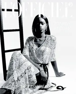  ?? ?? SAINT Internatio­nal model Tomiwa Adesina on the current cover of the fashion issue of ‘L’Officiel Italia’ in a draped dress, embroidere­d with garlands of black roses from Dior Haute Couture.