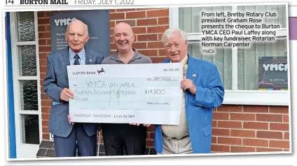  ?? YMCA ?? From left, Bretby Rotary Club president Graham Rose presents the cheque to Burton YMCA CEO Paul Laffey along with key fundraiser, Rotarian Norman Carpenter