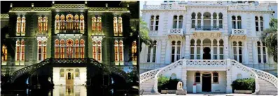  ??  ?? This combinatio­n of pictures created yesterday shows (left) a night view of the Sursock Museum, once a private home built in 1912 and became a host to an impressive permanent art collection as photograph­ed in the neighborho­od of Ashrafiyeh in Lebanon’s capital Beirut on October 7, 2015; and (right) a handout image obtained from the museum and taken on August 5, 2020, showing its damaged facade with empty windows after their stained glass was broken in the aftermath of the massive blast at the port of Beirut which ravaged entire neighborho­ods of the city. — AFP photos