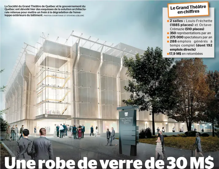  ??  ?? La Société du Grand Théâtre de Québec et le gouverneme­nt du Québec ont dévoilé hier des esquisses de la solution architectu­rale retenue pour mettre un frein à la dégradatio­n de l’enveloppe extérieure du bâtiment.