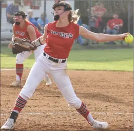  ?? PDN photo by Tom Firme ?? Poteau’s Emma Hackler delivers a pitch during her four-inning no-hit performanc­e against Panama on Monday. Poteau’s varsity home game at home against Muldrow today is scheduled for 6 p.m.