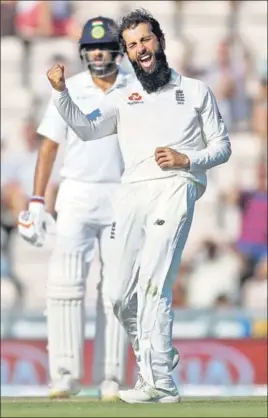  ?? REUTERS ?? Moeen Ali celebrates the wicket of Ajinkya Rahane as India collapsed chasing 245 for victory on the fourth day of the fourth Test against England on Sunday. England lead the fivematch series 31.