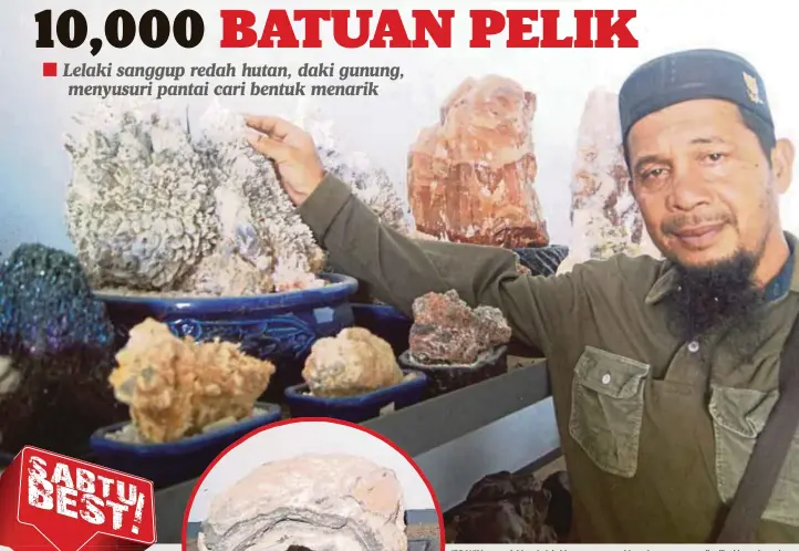  ??  ?? IBRAHIM menunjukka­n koleksi batu menyerupai batu karang yang sedia dijual kepada sesiapa berminat ketika ditemui di rumahnya di Kampung Kuala Samak.