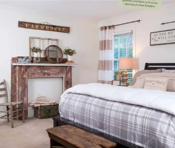  ??  ?? Below: Simplicity breeds serenity in the master bedroom. To coordinate with the rest of the home’s decor, Amy added several vintage and thrifted touches, including a sifter, a corbel, ironstone pitchers and a window frame, that line the top of a chippy old mantel, which introduces a hint of pink to the room.