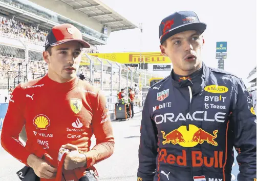  ?? ?? Ferrari’s Charles Leclerc (L) is flanked by Red Bull’s Max Verstappen at the Barcelona Grand Prix, Barcelona, Spain, May 21, 2022.