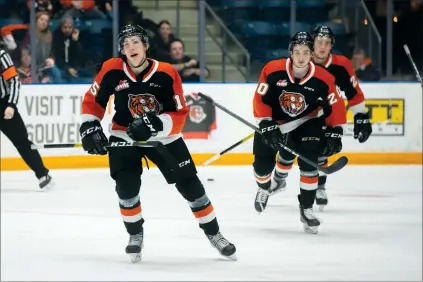  ?? NEWS FILE PHOTO ?? Medicine Hat Tigers defenceman Dru Krebs leads his team back to the bench after scoring a goal in a Western Hockey League game against the Edmonton Oil Kings on Dec. 14, 2019 at the Canalta Centre.