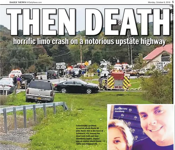  ??  ?? Catastroph­ic accident occurred where Route 30 joins Route 30A in the town of Schoharie, N.Y. Among the dead were Axel and Amy Steenburg (right). Impact was so violent wheel (lower right) was snapped off.
