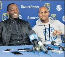  ?? Picture: GALLO IMAGES ?? NO DEEP CONCERN: Benni McCarthy, left, is not fazed by the prospect of getting an adequate replacemen­t for captain Robyn Johannes, who the Cape Town City coach feels has a great future ahead of him