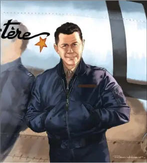  ?? ROMAIN HUGAULT ?? Romain Hugault illustre “Chuck” Yeager devant un “Mystère”. Il pilota à plusieurs reprises les chasseurs français, affirmant même avoir passé le mur du son dès septembre 1951 avec le “Mystère” 01.