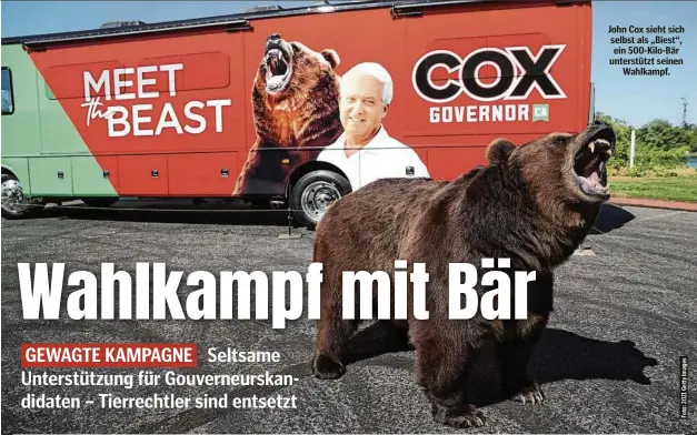  ??  ?? JohnCoxsie­htsich selbst als „Biest“, ein 500-Kilo-Bär unterstütz­t seinen Wahlkampf.