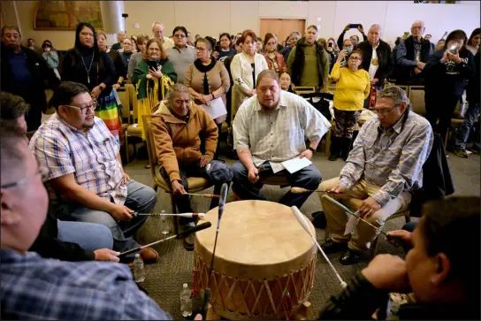  ?? HYOUNG CHANG — THE DENVER POST ?? Cheyenne and Arapaho singers pray during a ceremony at History Colorado Center in Denver on Friday. Leaders of the Northern Cheyenne objected to changing the name of Mount Evans to “Mount Blue Sky,” and tribal leaders in Denver discussed how to proceed with the renaming.