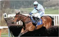  ??  ?? Tom George’s Rock On Rocco, ridden by Tom Scudamore, clears a fence before winning the Join racingtv.com Novices’ Handicap Chase